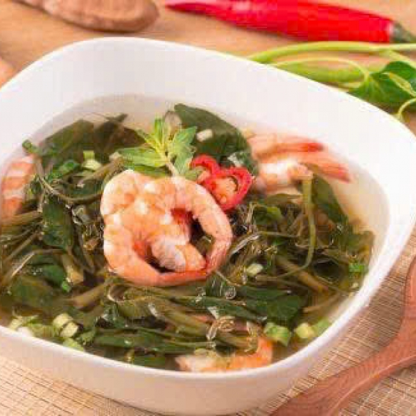 Cá Thu sốt cà, Tép rang, Rau sống, Canh chua rau muống nấu tôm